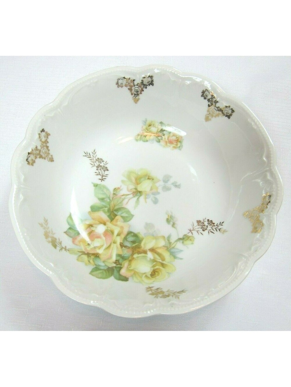 Vintage German Porcelain Bowl 9.5" Yellow Roses Floral Gold Gilt Scalloped Edges